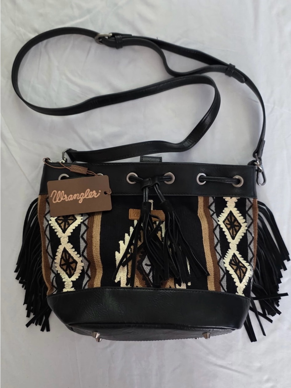 Wrangler Black & Brown Aztec Fringe Shoulder Bucket Bag